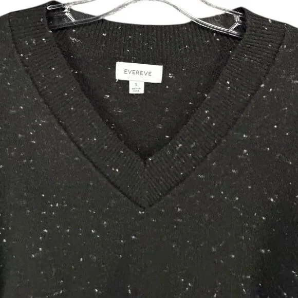 Evereve Harlow Knit Sweater S Black Speckled V Neck Drop Shoulder Pullover Cozy - Picture 4 of 12